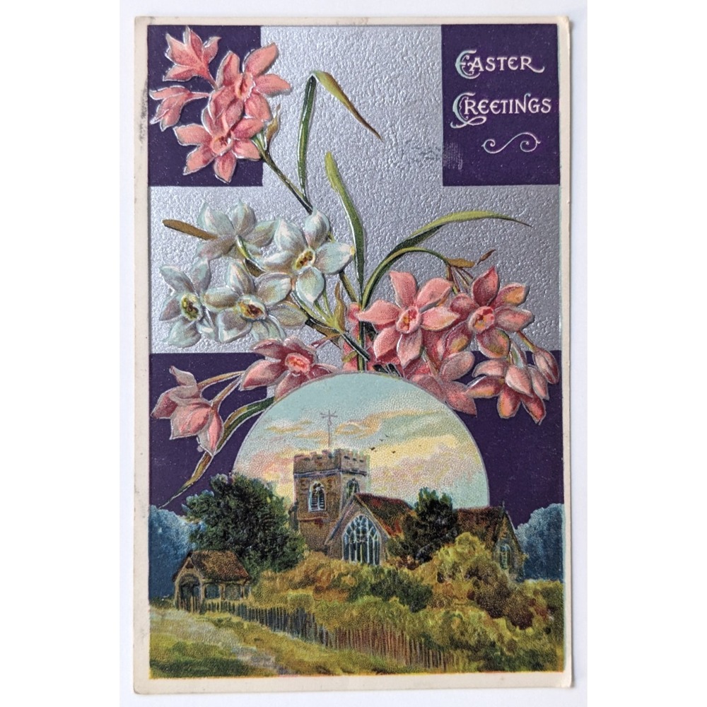Easter Greeting Silver Cross Pink Flowers Church Inset Embossed c1910s Postcard